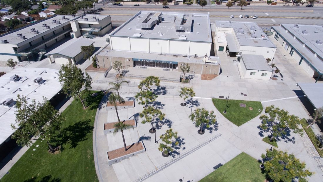 Aerial view of the Highlander Auditorium and campus